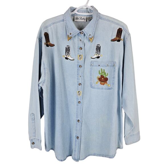 Get Lucky Boots Horse Shoes Novelty Denim Feminine Country Western Shirt L - Picture 1 of 6